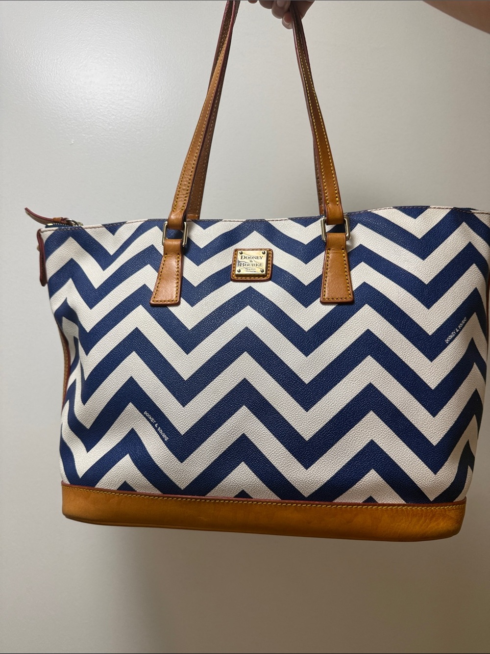 Dooney & Bourke Navy and White Chevron Tote with Tan Trim and Handles